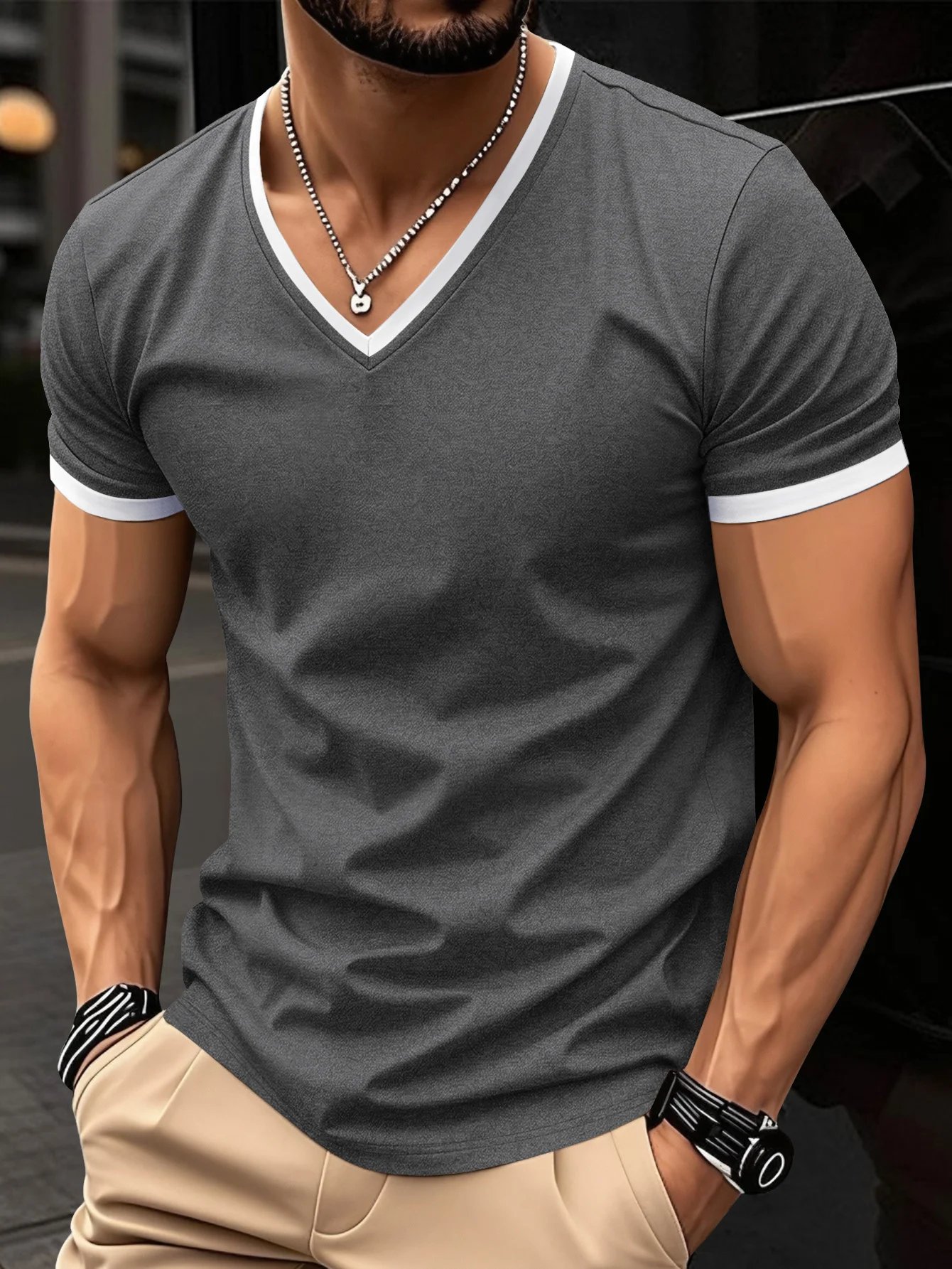 New Summer Casual Vacation-Style Men's V-Neck Short-SleeveTop, Stylish, Refreshing, Comfortable And Breathable For Summer