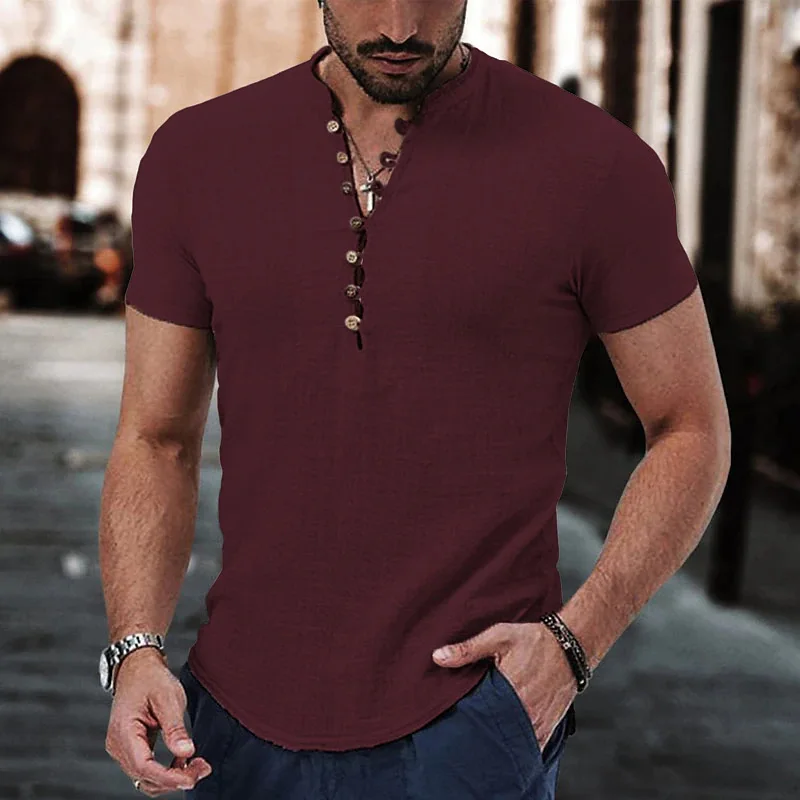 New Men's Short Sleeve Tshirt V neck button Cotton Linen Shirt Men's Casual Clothes Popular Tops for Men