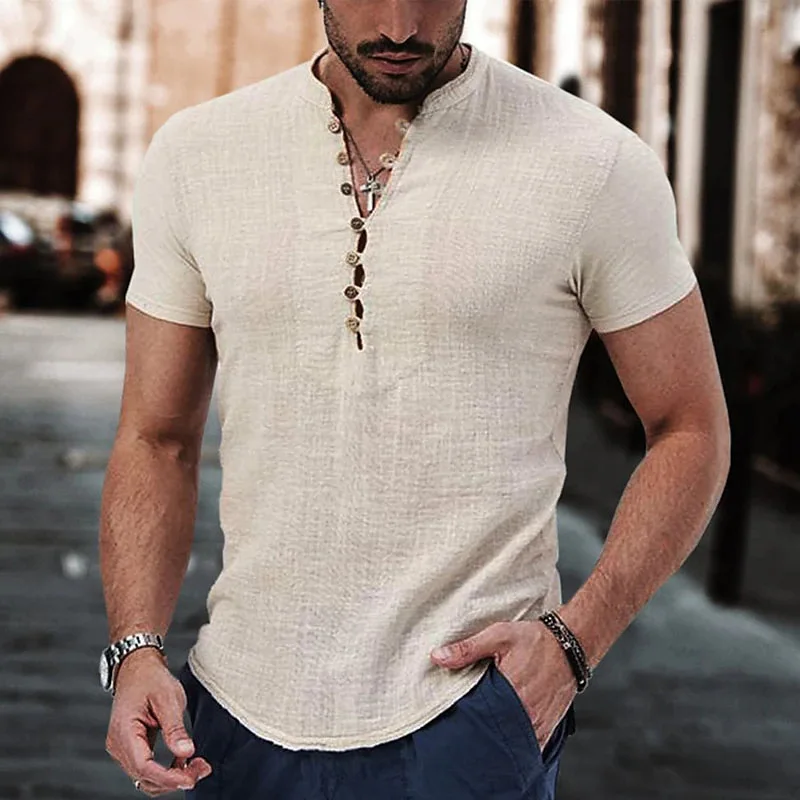 New Men's Short Sleeve Tshirt V neck button Cotton Linen Shirt Men's Casual Clothes Popular Tops for Men