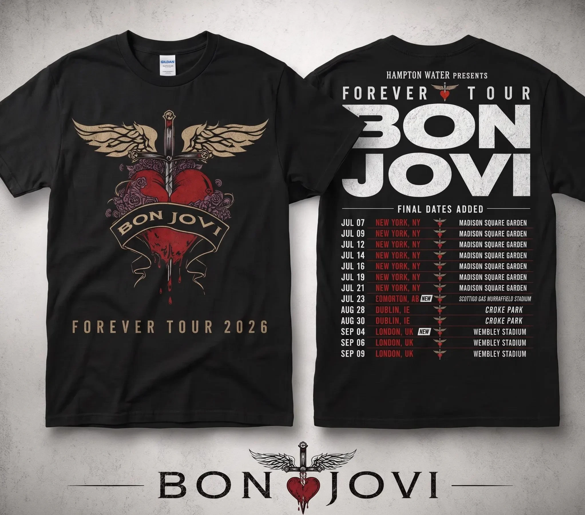 Forever Tour 2026 Bon Jovi Double Sided Printed T-shirt Heart Dagger Wings Graphic Rock Music Fan Casual Cotton Short Sleeve