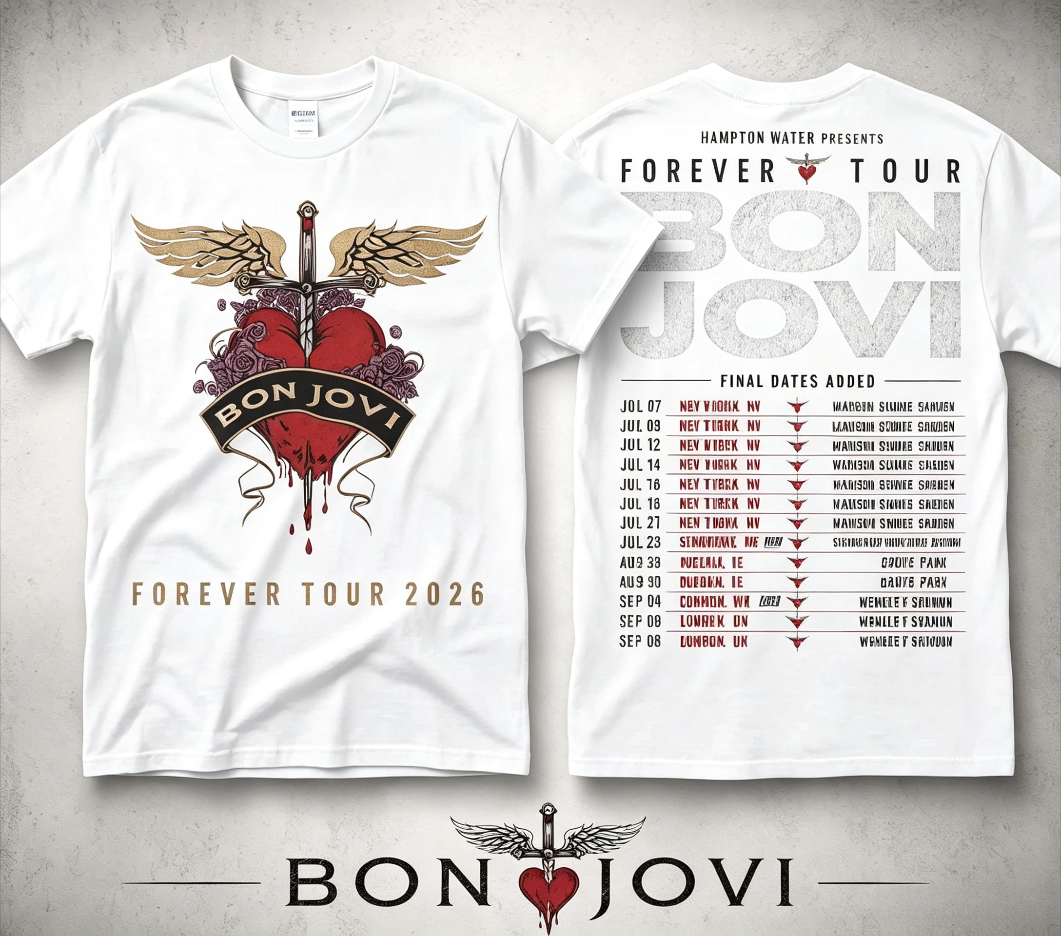 Forever Tour 2026 Bon Jovi Double Sided Printed T-shirt Heart Dagger Wings Graphic Rock Music Fan Casual Cotton Short Sleeve