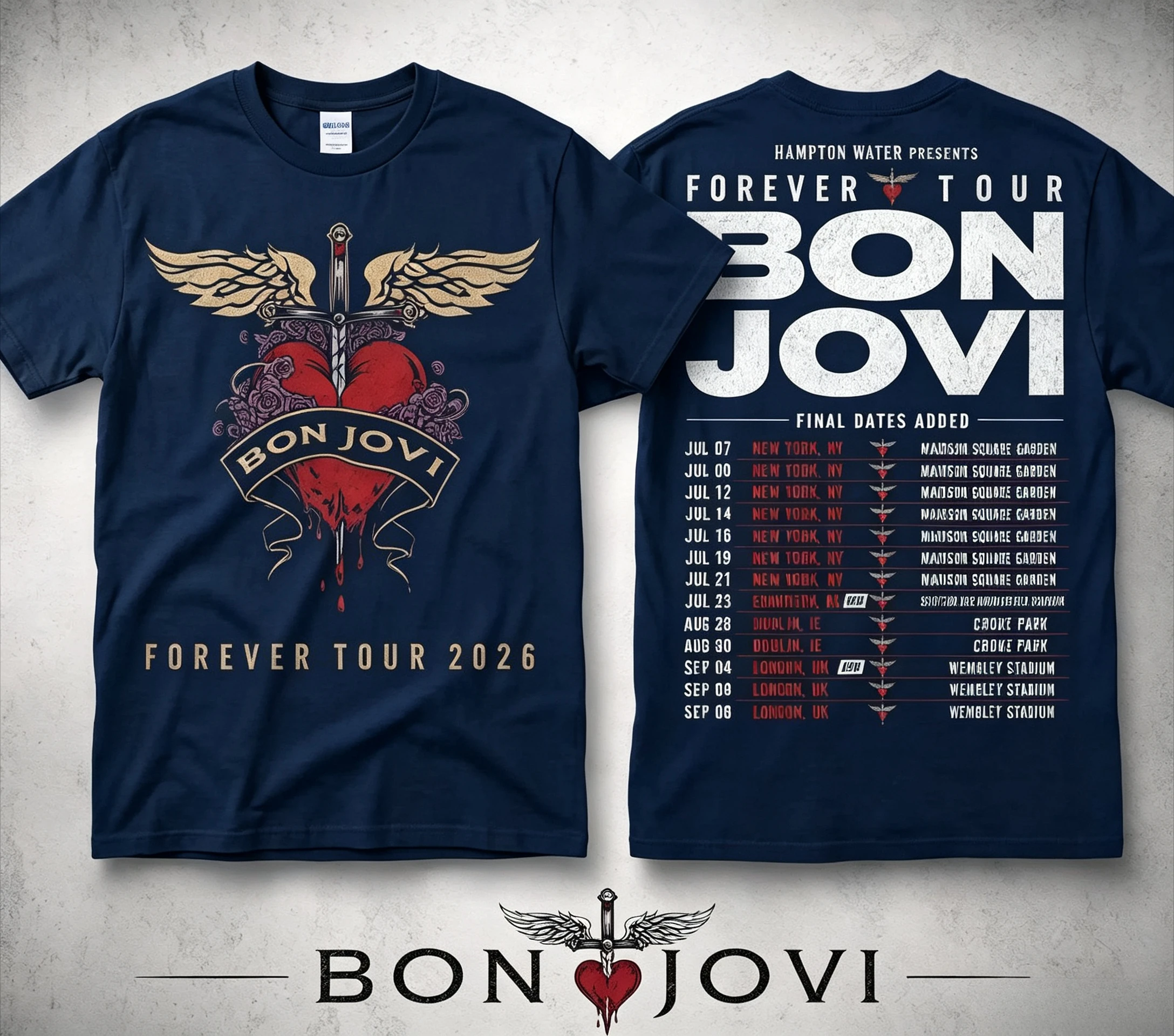 Forever Tour 2026 Bon Jovi Double Sided Printed T-shirt Heart Dagger Wings Graphic Rock Music Fan Casual Cotton Short Sleeve