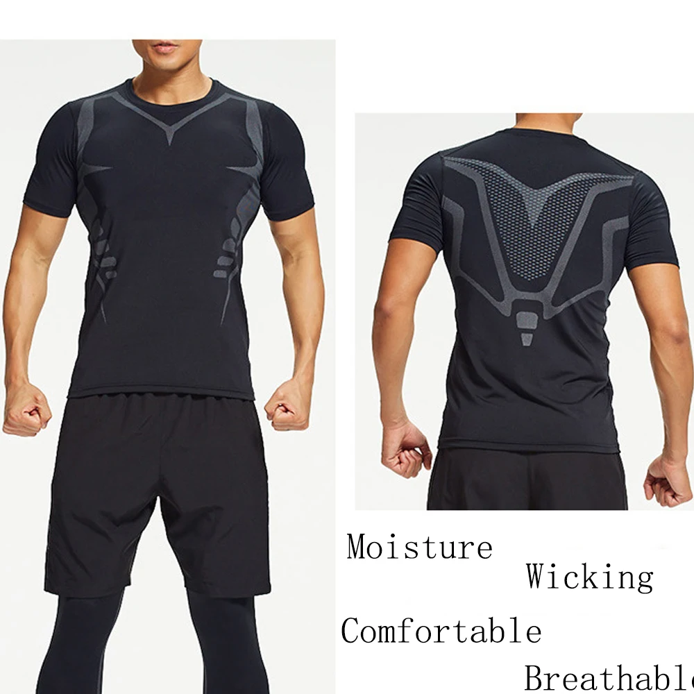 Men's Running Compression Shirts Short Sleeve Sport Gym Tees Fitness Quick Dry Sweatshirt Jogging Tracksuit Athletic Shirt Tops