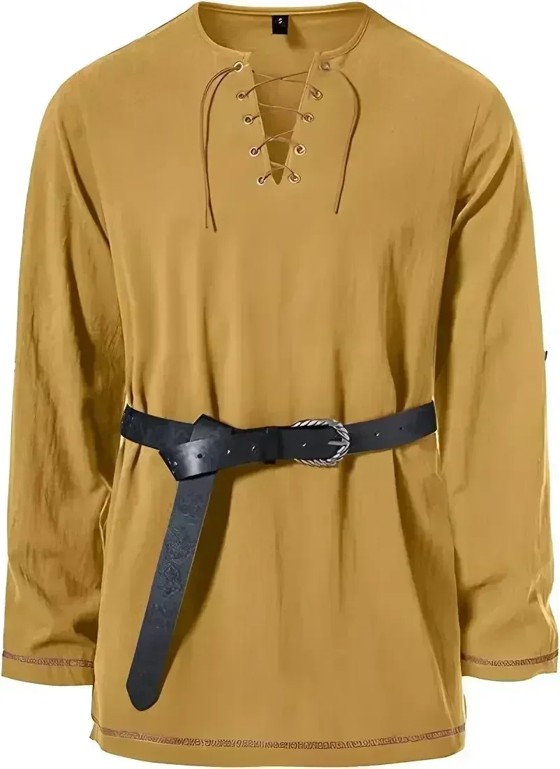 Men Medieval Lace Up Linen Long Sleeve Tunic Viking Pirate Renaissance Cosplay Shirt With Vintage Embossed Leather Belt
