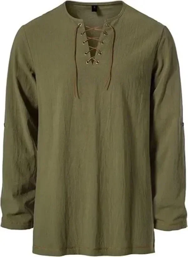 Men Medieval Lace Up Linen Long Sleeve Tunic Viking Pirate Renaissance Cosplay Shirt With Vintage Embossed Leather Belt