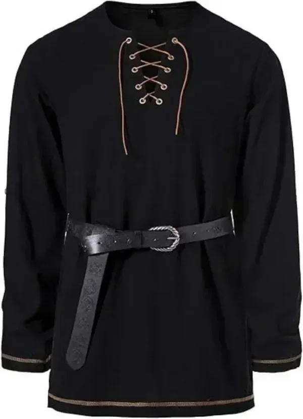 Men Medieval Lace Up Linen Long Sleeve Tunic Viking Pirate Renaissance Cosplay Shirt With Vintage Embossed Leather Belt