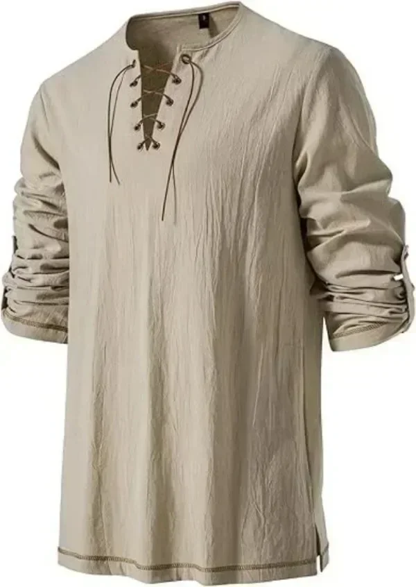 Men Medieval Lace Up Linen Long Sleeve Tunic Viking Pirate Renaissance Cosplay Shirt With Vintage Embossed Leather Belt