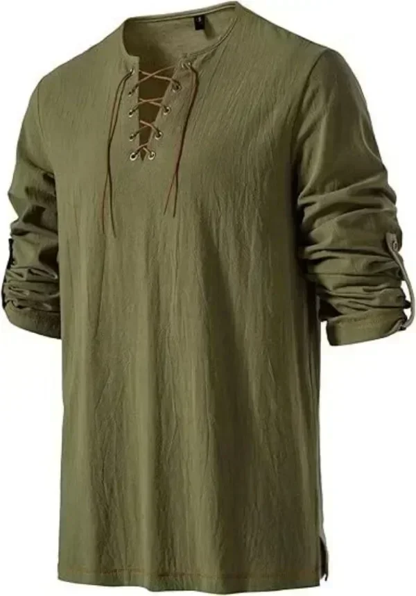 Men Medieval Lace Up Linen Long Sleeve Tunic Viking Pirate Renaissance Cosplay Shirt With Vintage Embossed Leather Belt