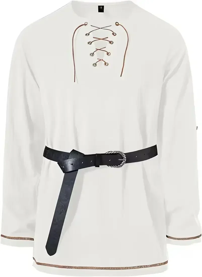 Men Medieval Lace Up Linen Long Sleeve Tunic Viking Pirate Renaissance Cosplay Shirt With Vintage Embossed Leather Belt