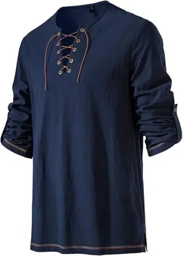 Men Medieval Lace Up Linen Long Sleeve Tunic Viking Pirate Renaissance Cosplay Shirt With Vintage Embossed Leather Belt