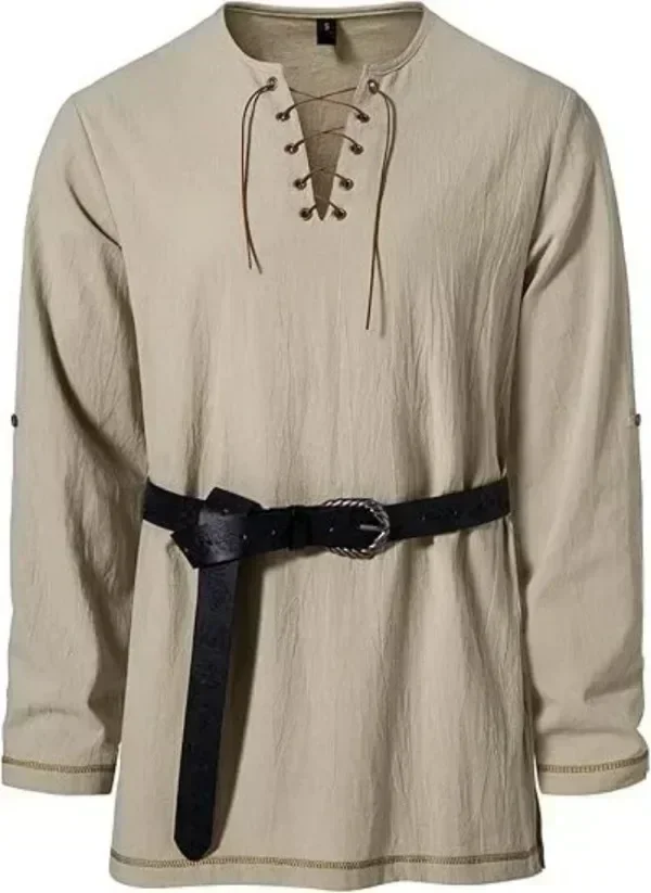 Men Medieval Lace Up Linen Long Sleeve Tunic Viking Pirate Renaissance Cosplay Shirt With Vintage Embossed Leather Belt