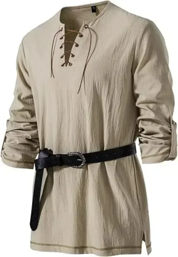 Men Medieval Lace Up Linen Long Sleeve Tunic Viking Pirate Renaissance Cosplay Shirt With Vintage Embossed Leather Belt