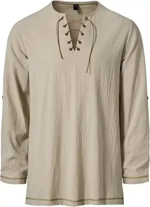 Men Medieval Lace Up Linen Long Sleeve Tunic Viking Pirate Renaissance Cosplay Shirt With Vintage Embossed Leather Belt