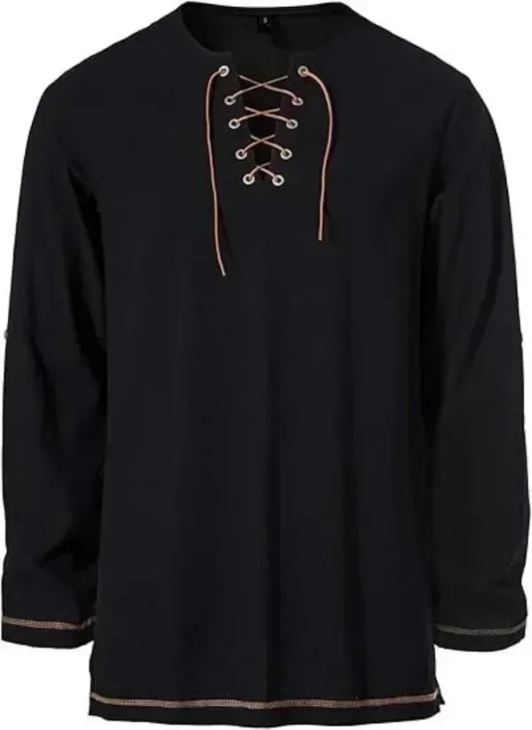 Men Medieval Lace Up Linen Long Sleeve Tunic Viking Pirate Renaissance Cosplay Shirt With Vintage Embossed Leather Belt