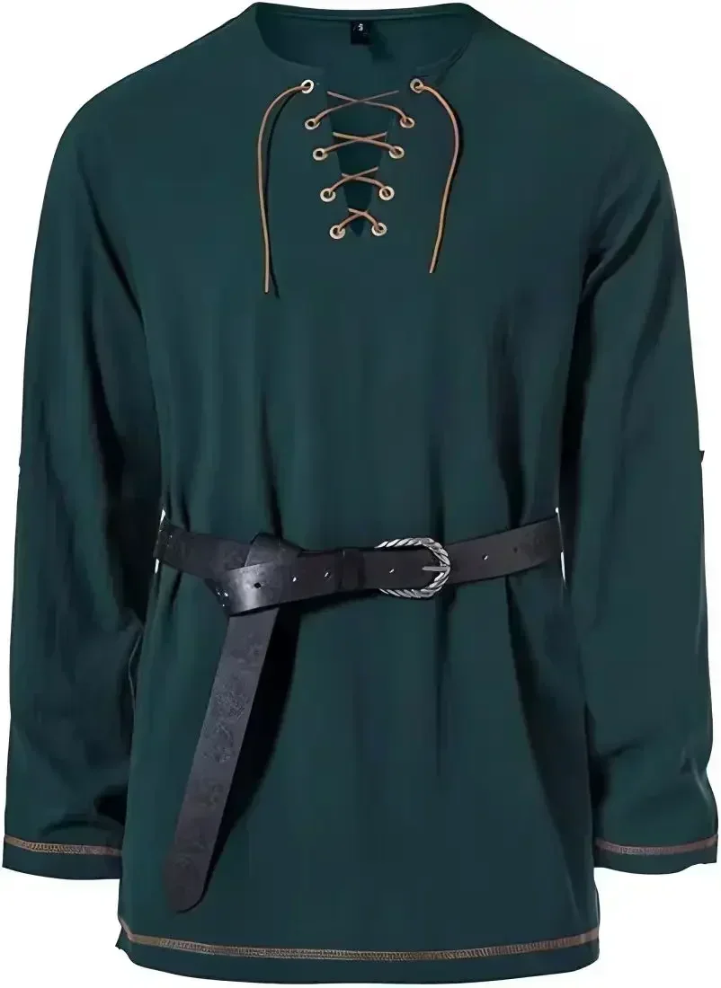 Men Medieval Lace Up Linen Long Sleeve Tunic Viking Pirate Renaissance Cosplay Shirt With Vintage Embossed Leather Belt