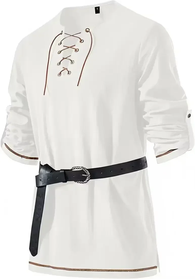 Men Medieval Lace Up Linen Long Sleeve Tunic Viking Pirate Renaissance Cosplay Shirt With Vintage Embossed Leather Belt
