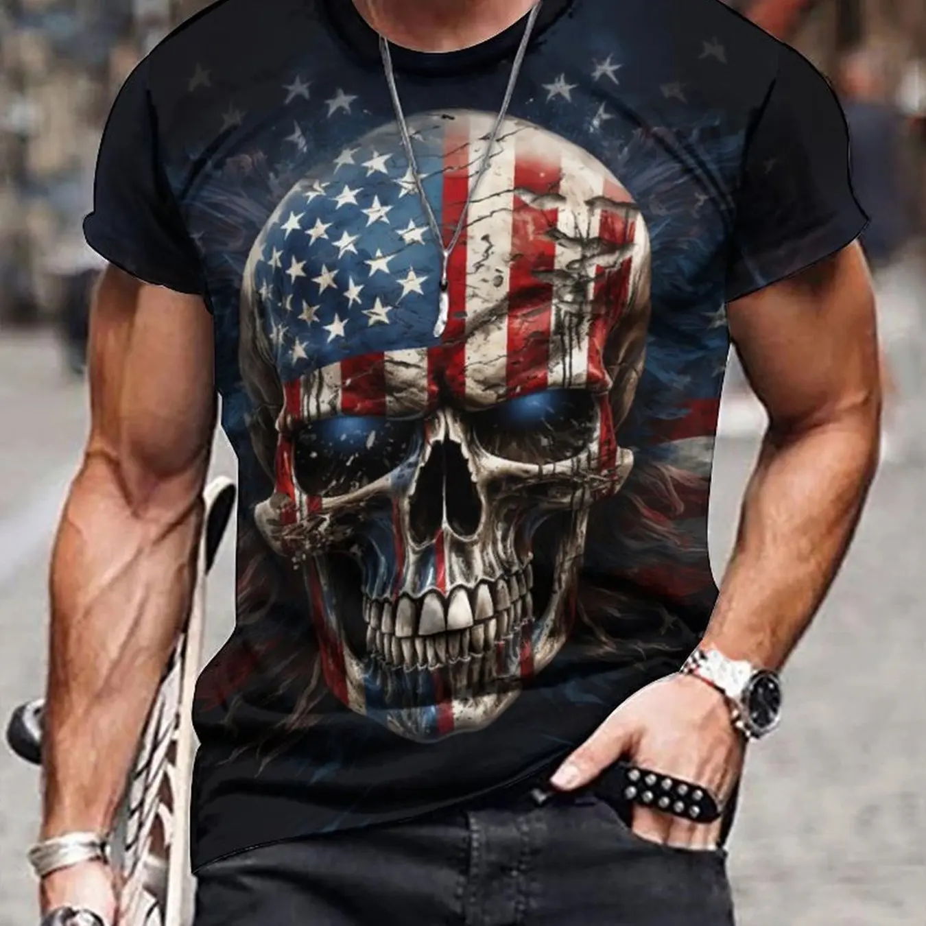 New Fashion Skull 3D Digital Pattern Printed Men's Pattern T-shirt Casual Comfort T-shirt Short Sleeve Hoodie Men's Summer Outdo