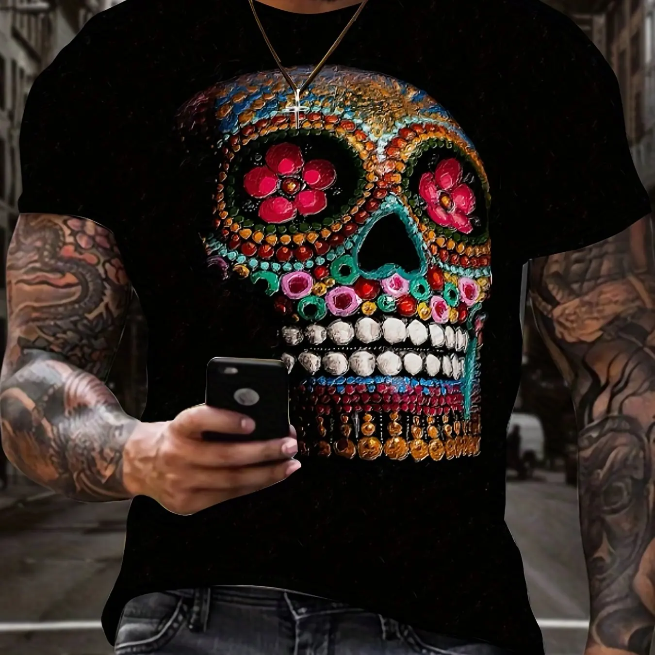 New Fashion Skull 3D Digital Pattern Printed Men's Pattern T-shirt Casual Comfort T-shirt Short Sleeve Hoodie Men's Summer Outdo