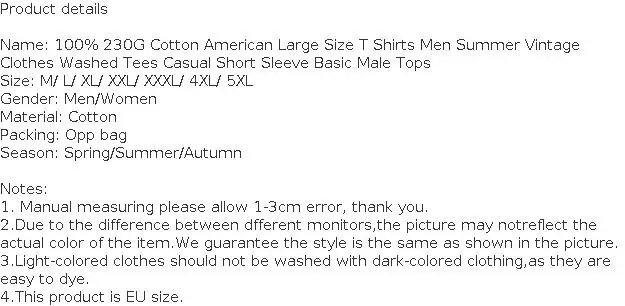 230G Cotton American Large Size T Shirts Men Summer Vintage Clothes Washed Tees Casual Short Sleeve Basic Male Tops