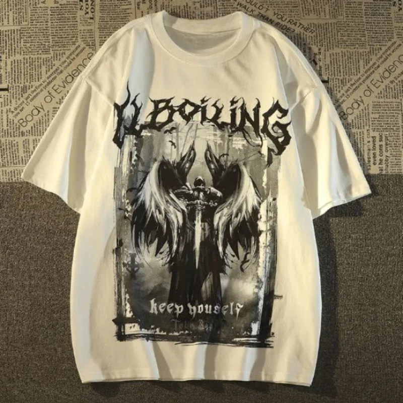 M-8XL American Street Fashion Style Retro Angel Element Print Gothic Style Niche Trendy Brand Top For Men
