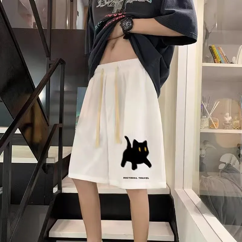 Drawstring Sports Pants M-8XL Summer Cropped Pants With Cat Print Suitable For Men's And Women's Casual Home Shorts
