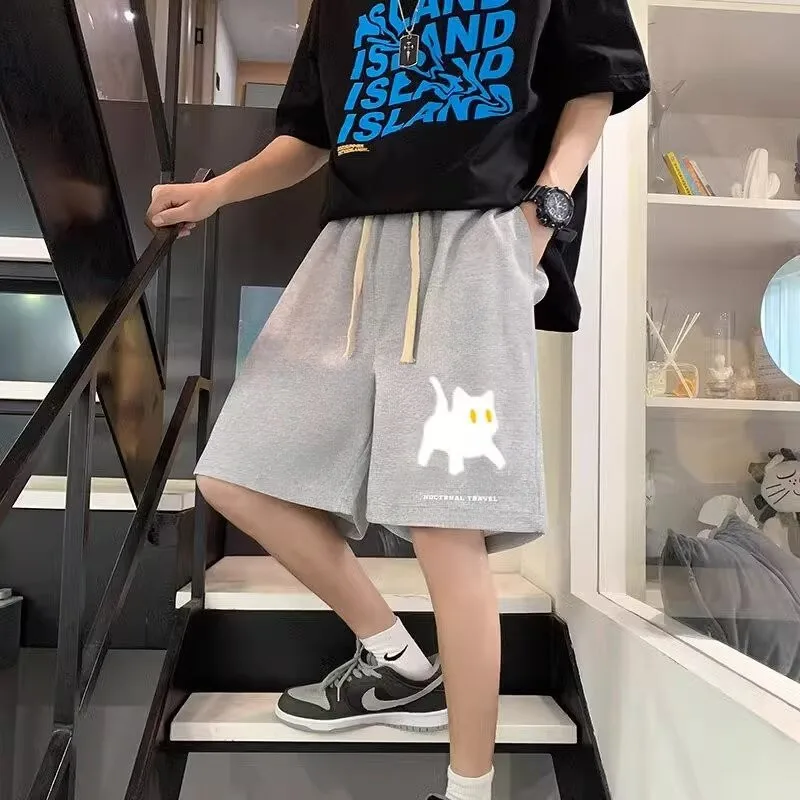 Drawstring Sports Pants M-8XL Summer Cropped Pants With Cat Print Suitable For Men's And Women's Casual Home Shorts
