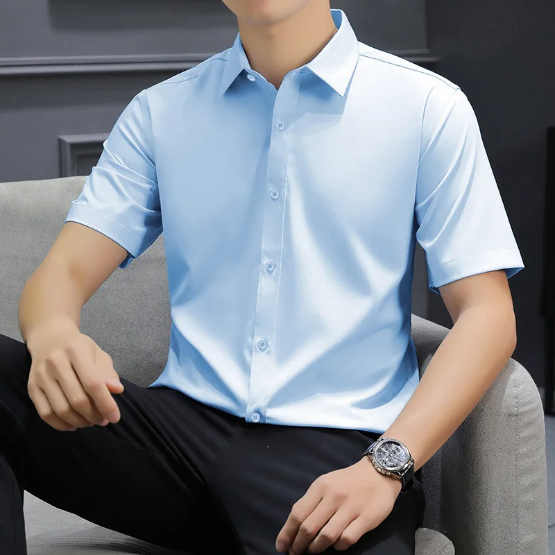 Non-iron Men's Black Short Sleeve Button Down Shirt Formal Business Dress Shirt Turn-down Collar Office Tops