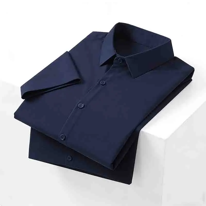 Non-iron Men's Black Short Sleeve Button Down Shirt Formal Business Dress Shirt Turn-down Collar Office Tops