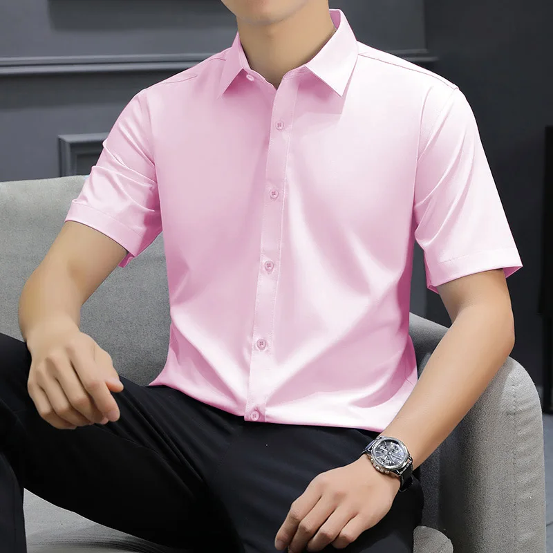 Non-iron Men's Black Short Sleeve Button Down Shirt Formal Business Dress Shirt Turn-down Collar Office Tops