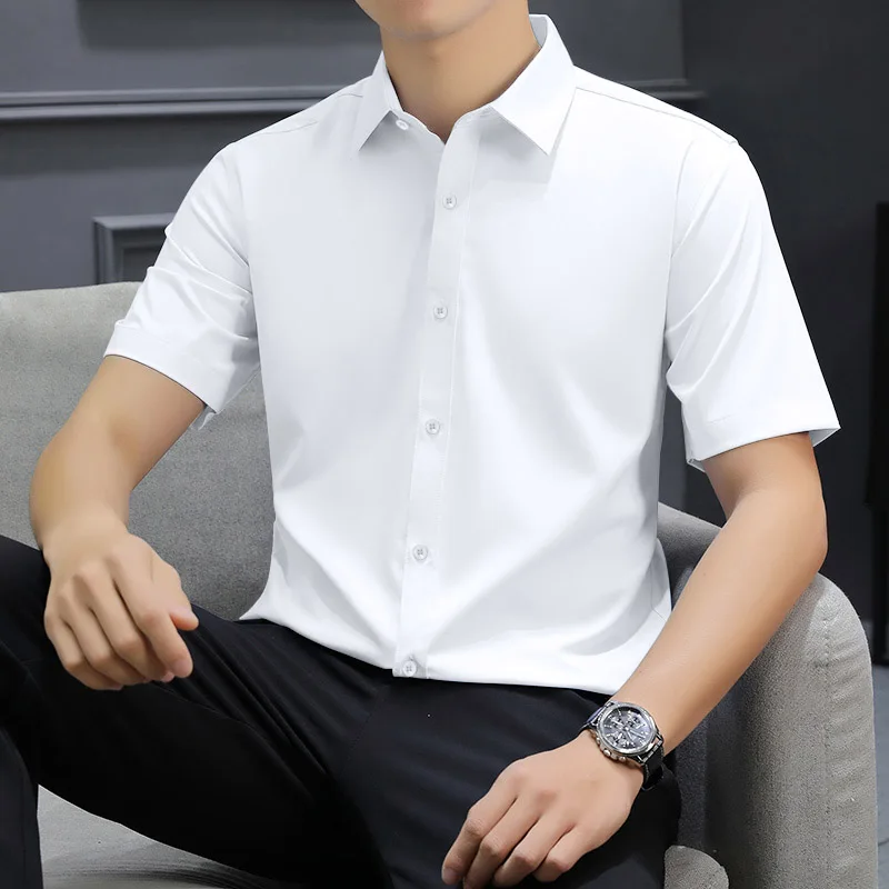 Non-iron Men's Black Short Sleeve Button Down Shirt Formal Business Dress Shirt Turn-down Collar Office Tops