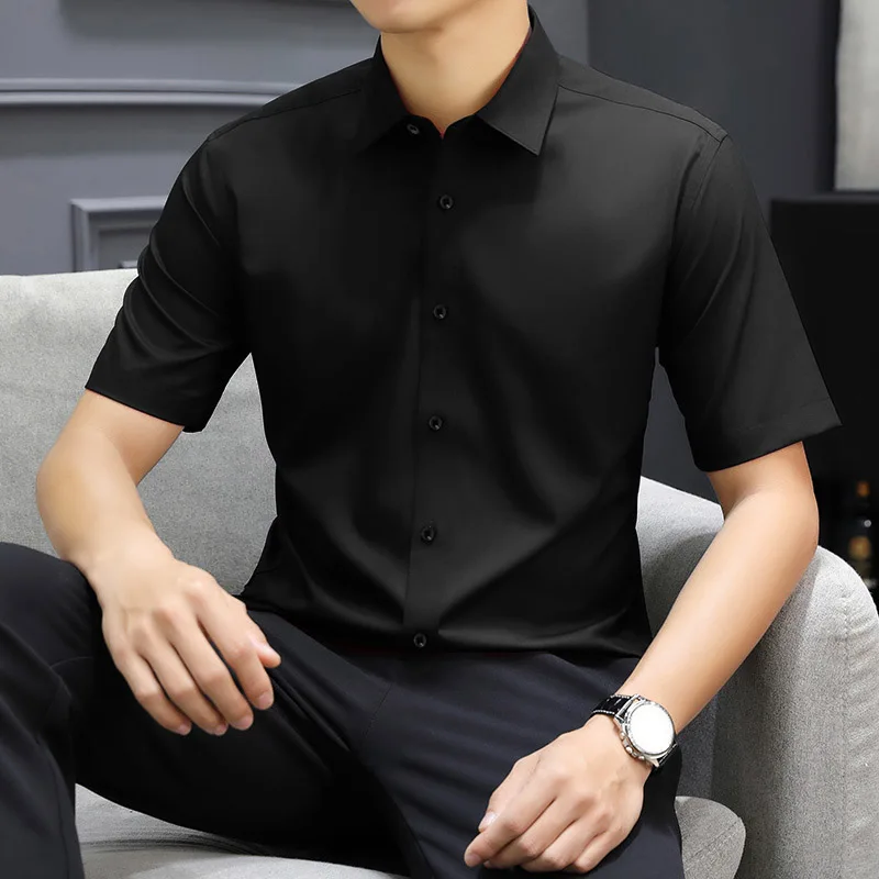 Non-iron Men's Black Short Sleeve Button Down Shirt Formal Business Dress Shirt Turn-down Collar Office Tops