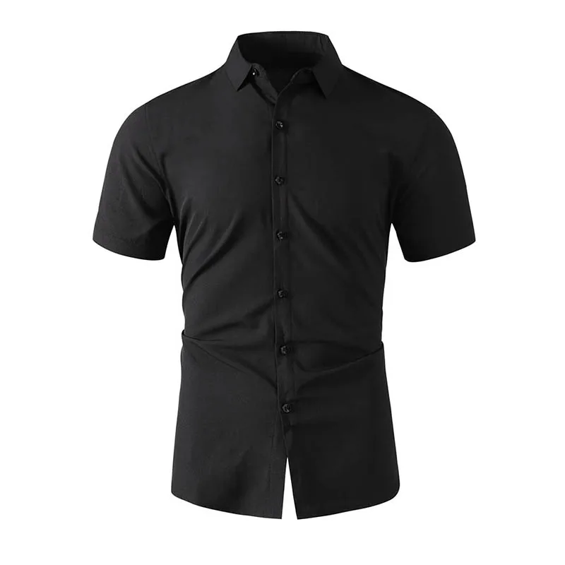 Non-iron Men's Black Short Sleeve Button Down Shirt Formal Business Dress Shirt Turn-down Collar Office Tops