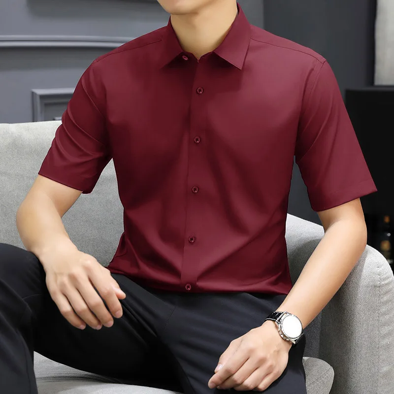 Non-iron Men's Black Short Sleeve Button Down Shirt Formal Business Dress Shirt Turn-down Collar Office Tops