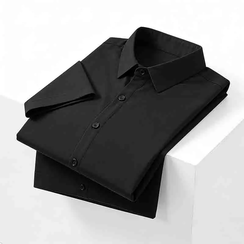 Non-iron Men's Black Short Sleeve Button Down Shirt Formal Business Dress Shirt Turn-down Collar Office Tops