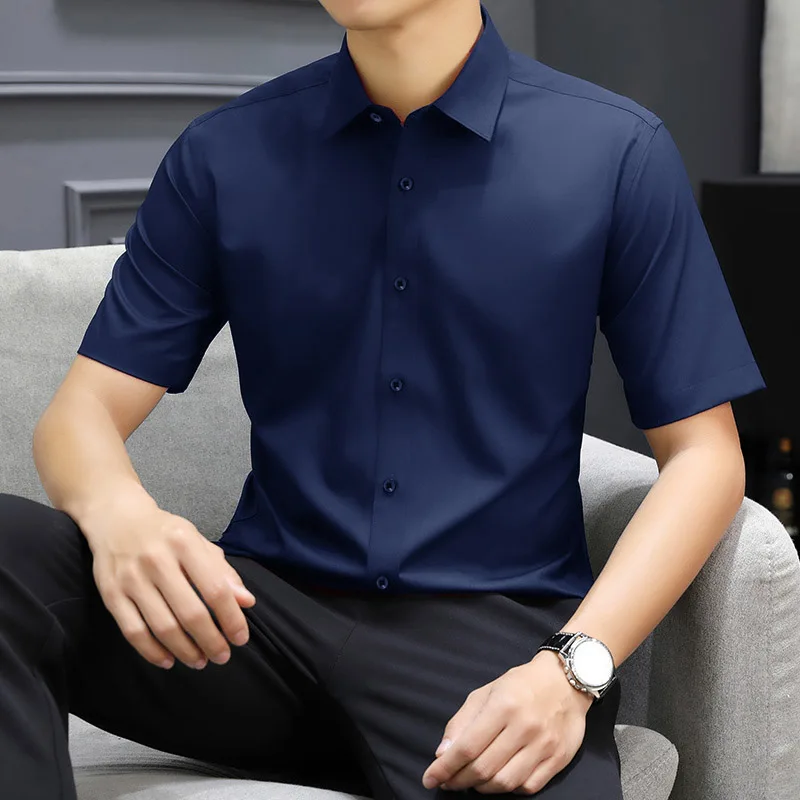 Non-iron Men's Black Short Sleeve Button Down Shirt Formal Business Dress Shirt Turn-down Collar Office Tops