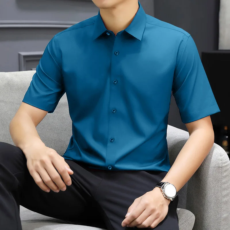 Non-iron Men's Black Short Sleeve Button Down Shirt Formal Business Dress Shirt Turn-down Collar Office Tops