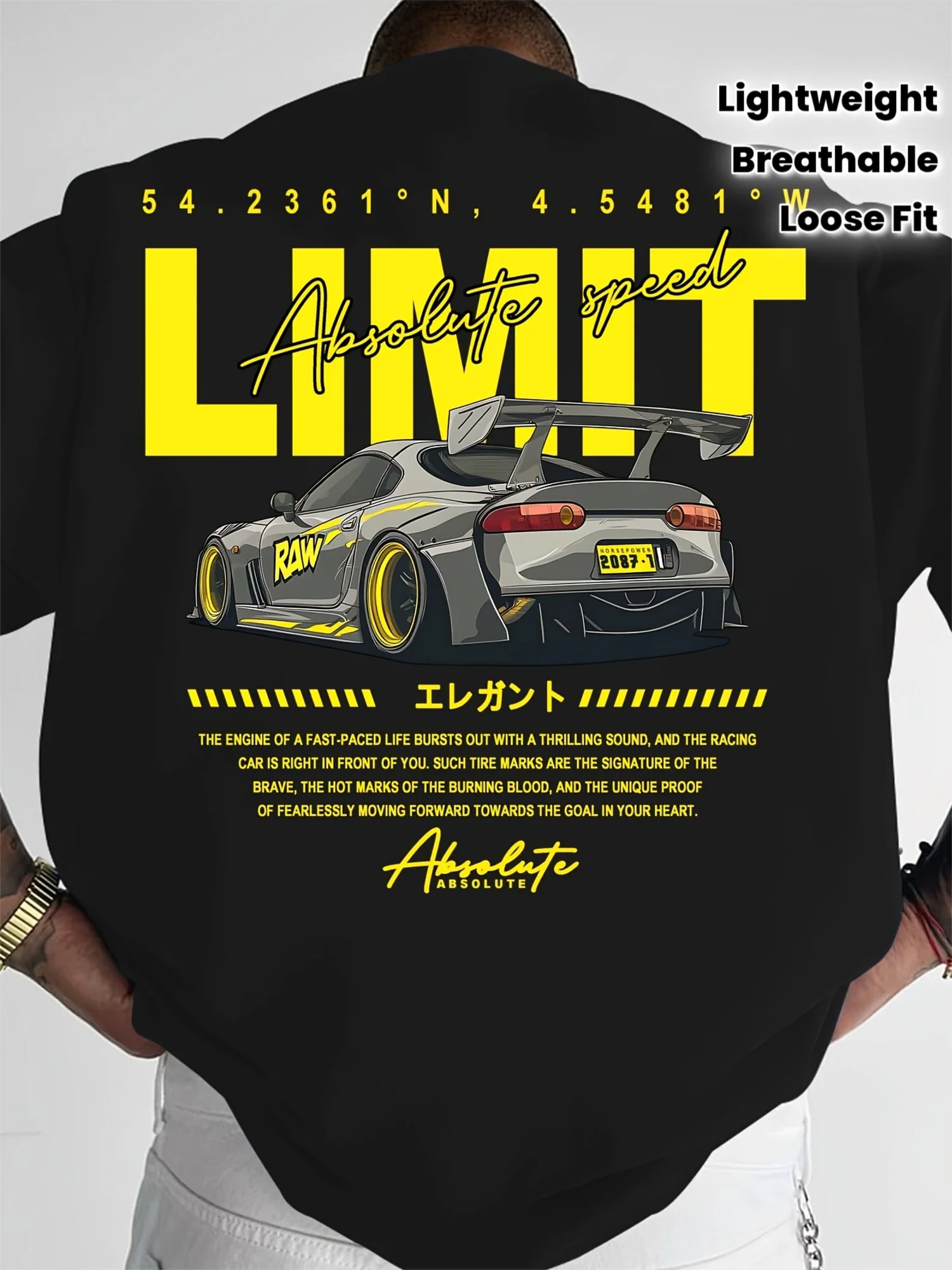 Men New Summer Racing T-shirt in Japanese Style Made Lightweight Breathable Fabric Features Bold "LIMIT" Printed on It Loose Fit