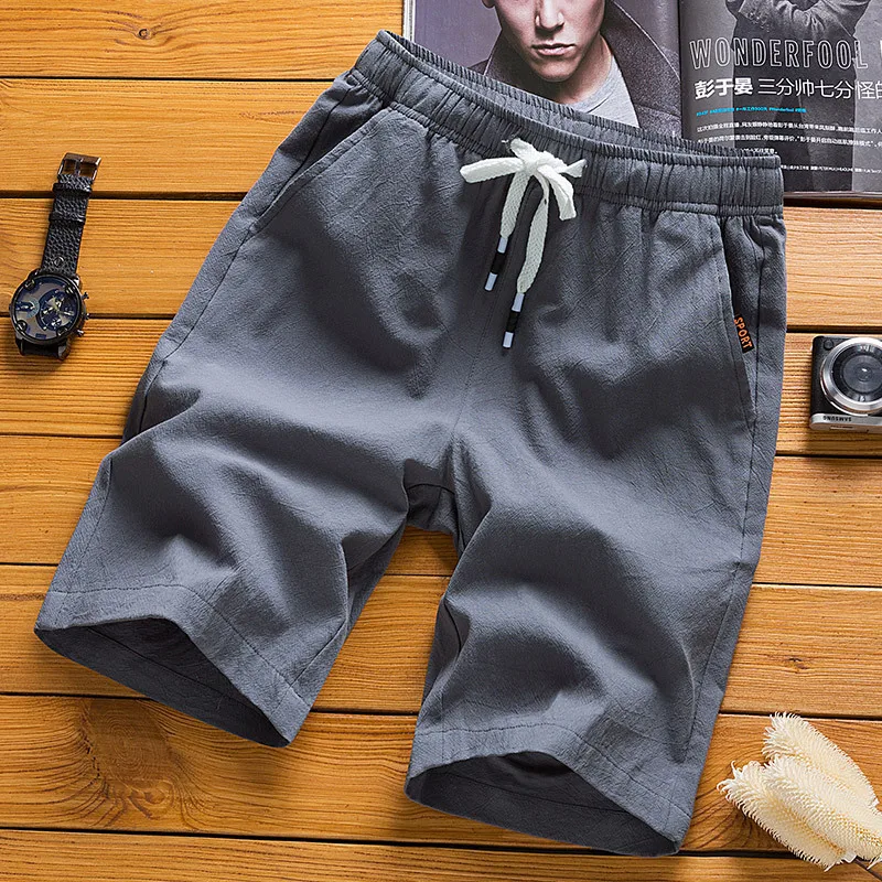 Summer new men's imitation linen breathable shorts Hawaii beach pants men's solid color shorts loose multi-functional street wea