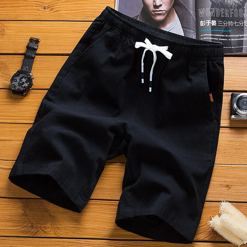 Summer new men's imitation linen breathable shorts Hawaii beach pants men's solid color shorts loose multi-functional street wea
