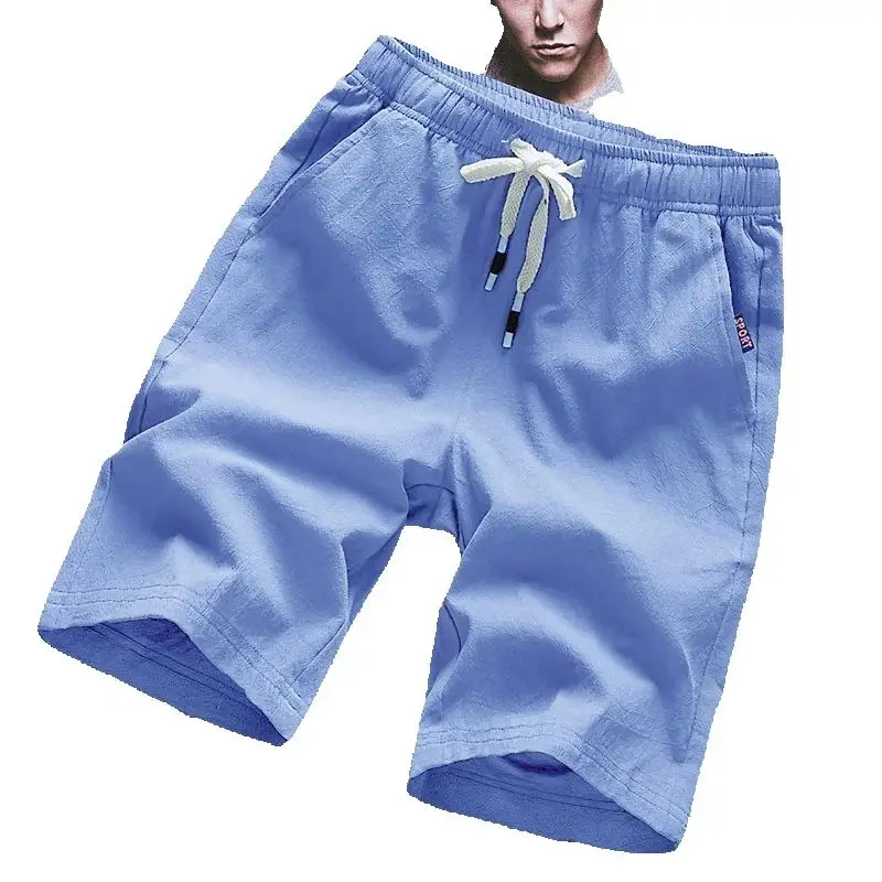 Summer new men's imitation linen breathable shorts Hawaii beach pants men's solid color shorts loose multi-functional street wea