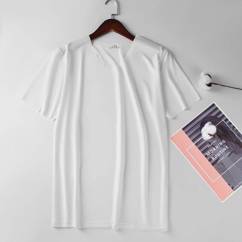 Men's Skinny Shirt Ice Silk Basic Shirts Solid Color Breathable Seamless T-shirt Men Thin Slim Bottoming V-Neck Shirt For Male