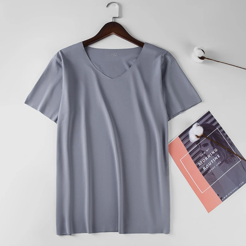 Men's Skinny Shirt Ice Silk Basic Shirts Solid Color Breathable Seamless T-shirt Men Thin Slim Bottoming V-Neck Shirt For Male