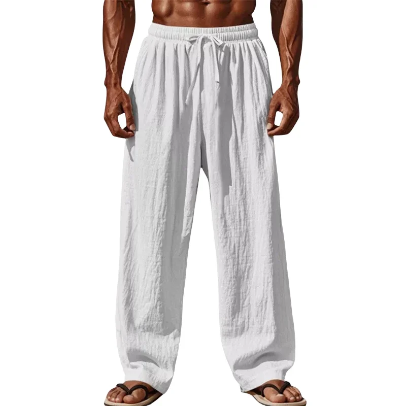 2025 New Men Cotton and Linen Casual Pants Simple and Comfortable Straight Leg Pants Waist Drawstring Plus Size Looser S-4XL