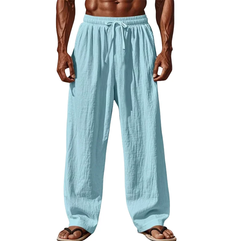 2025 New Men Cotton and Linen Casual Pants Simple and Comfortable Straight Leg Pants Waist Drawstring Plus Size Looser S-4XL