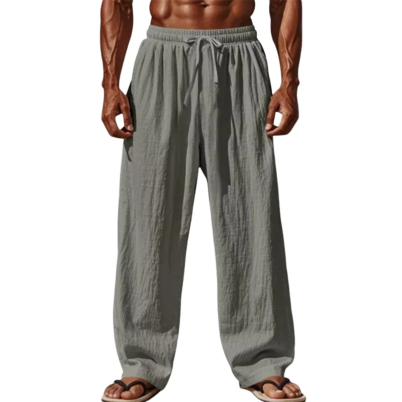 2025 New Men Cotton and Linen Casual Pants Simple and Comfortable Straight Leg Pants Waist Drawstring Plus Size Looser S-4XL