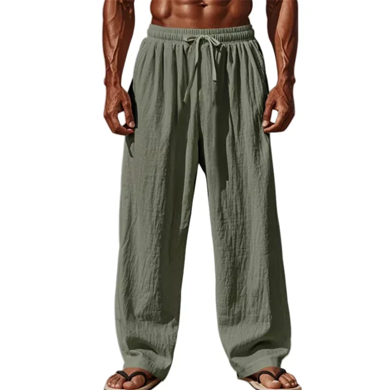 2025 New Men Cotton and Linen Casual Pants Simple and Comfortable Straight Leg Pants Waist Drawstring Plus Size Looser S-4XL