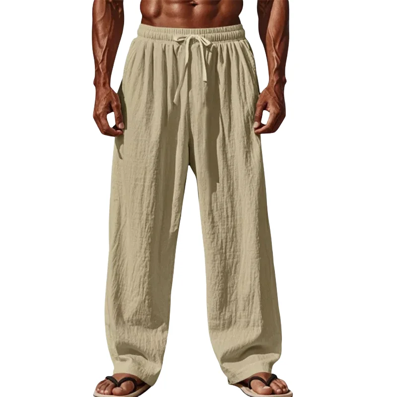 2025 New Men Cotton and Linen Casual Pants Simple and Comfortable Straight Leg Pants Waist Drawstring Plus Size Looser S-4XL