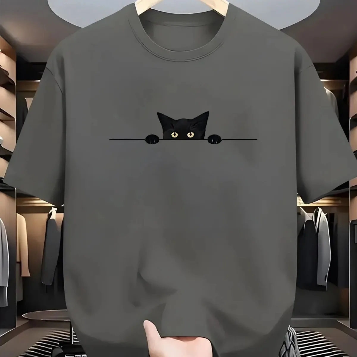 Men's new summer cute kitten print soft and breathable round neck T-shirt outdoor casual versatile top