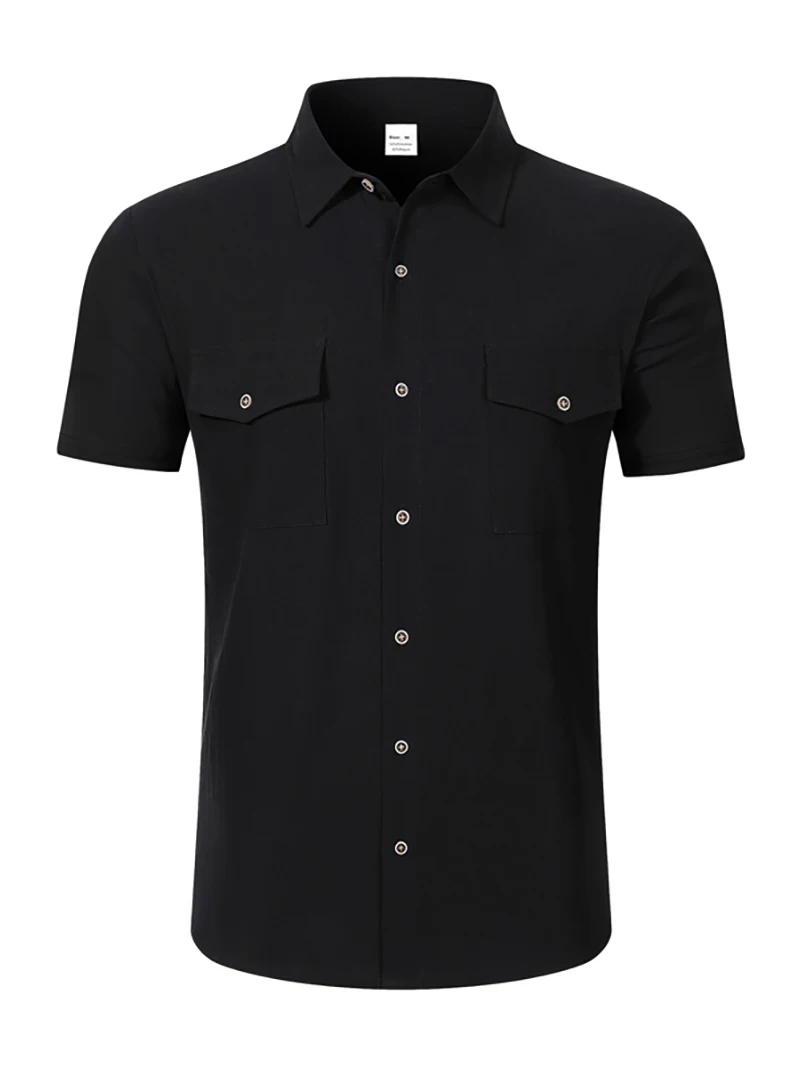 Men's Linen Button Up Short Sleeve Shirt Lapel Collar Lightweight Breathable Double Chest Pocket Summer Beach Daily Casual Tops