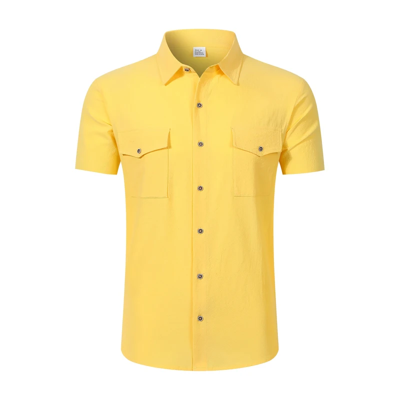 Men's Linen Button Up Short Sleeve Shirt Lapel Collar Lightweight Breathable Double Chest Pocket Summer Beach Daily Casual Tops